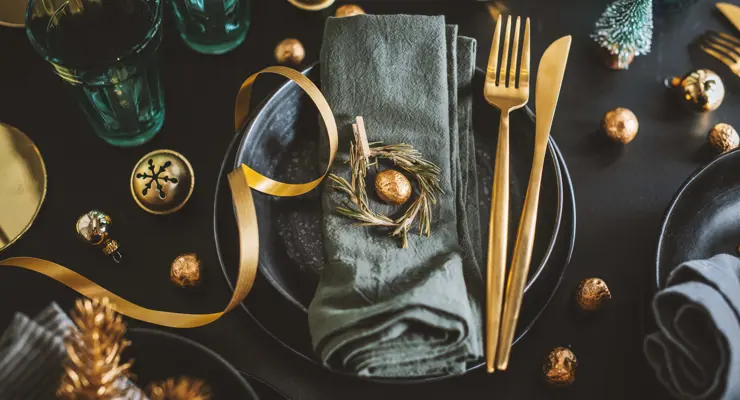 Served Christmas Table Setting Dark Tones With Golden Deco