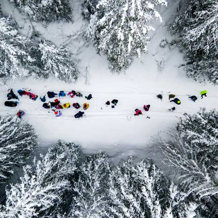 Aerial Drone View Hiking Tour Winter Carpathians Romania Resting Group People